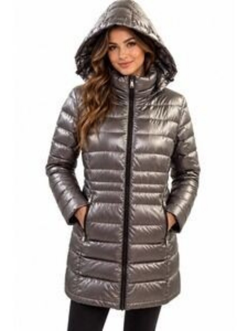 Andrew Marc Metallic Silver Hooded Puffer Coat